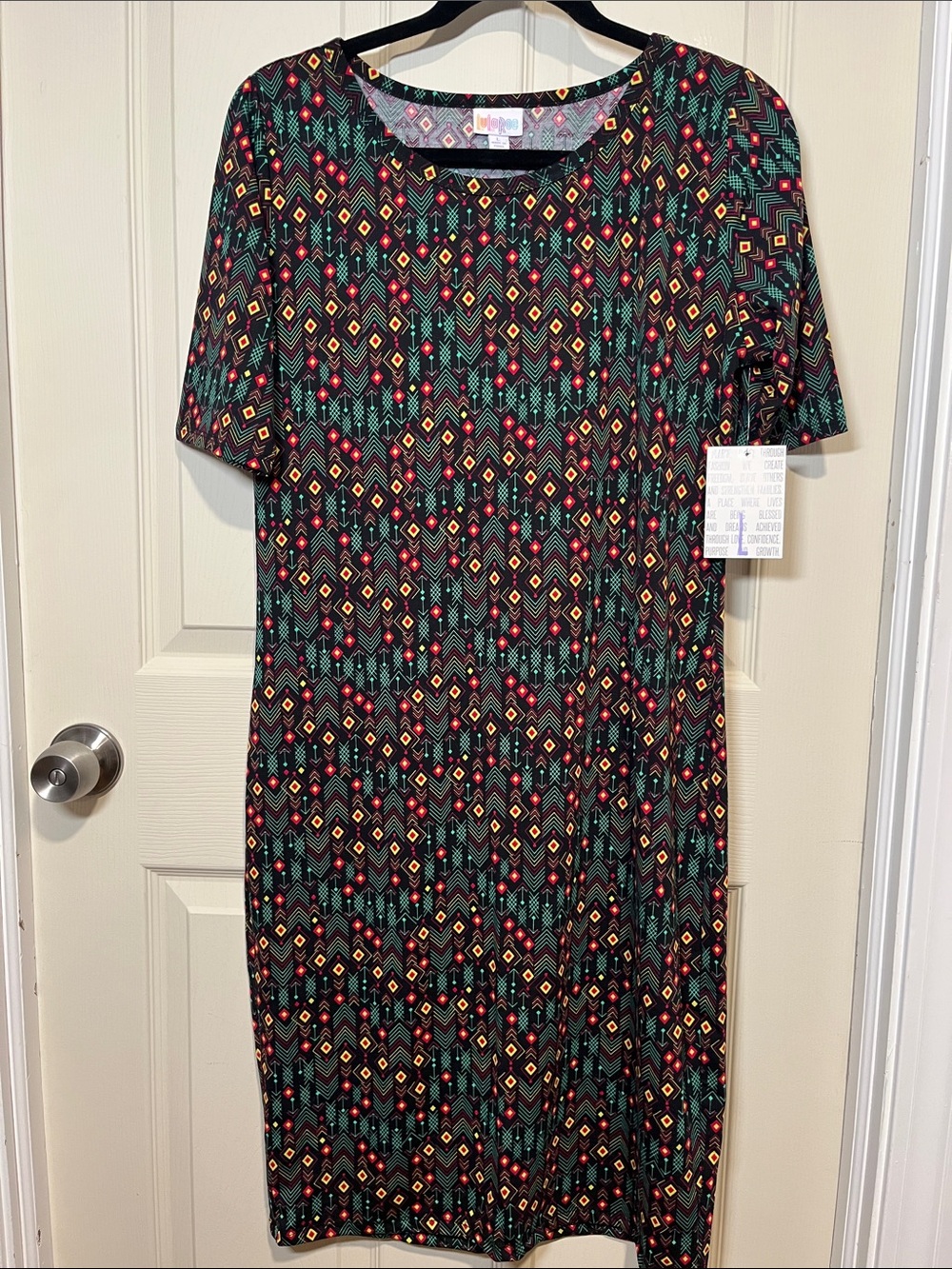 LuLaRoe Midi Shift Dress in Teal, Black, Red and Gold Geometric Print